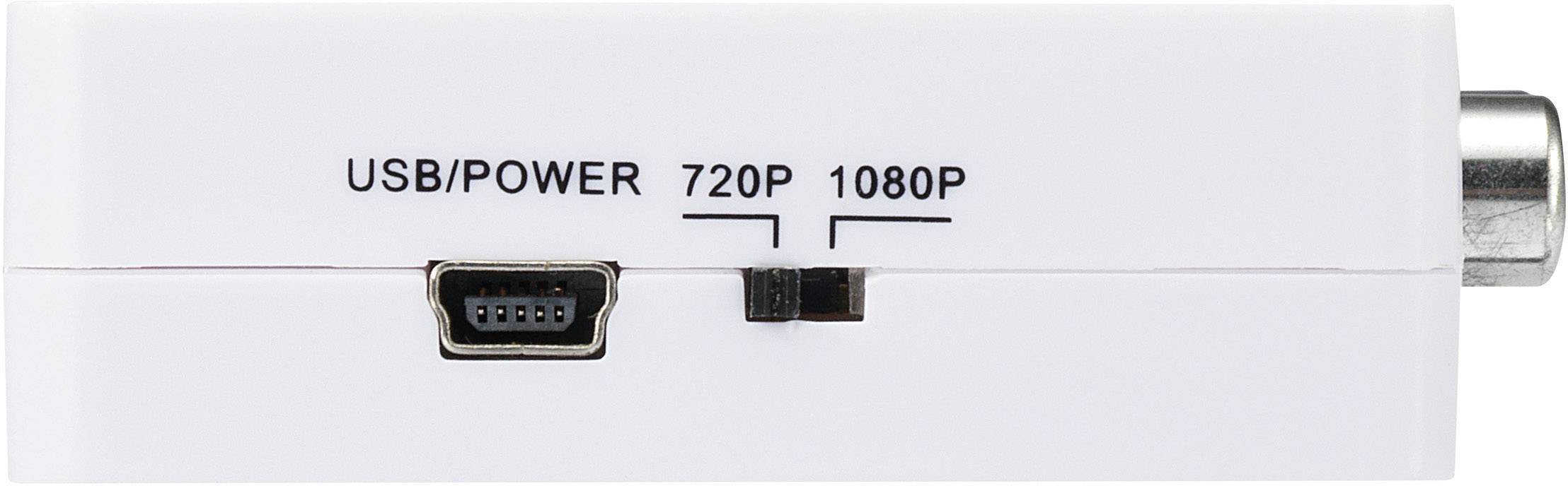 Kastlíkovité zařízení s USB/napájecím konektorem, přepínačem s označeními 720P/1080P a koaxiálním konektorem vpravo.