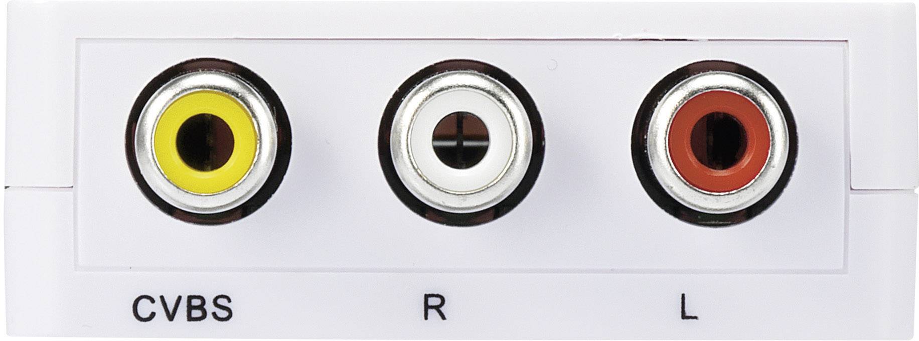 Tři RCA konektory: žlutý pro video (CVBS), bílý pro levý audio kanál (L), červený pro pravý audio kanál (R).