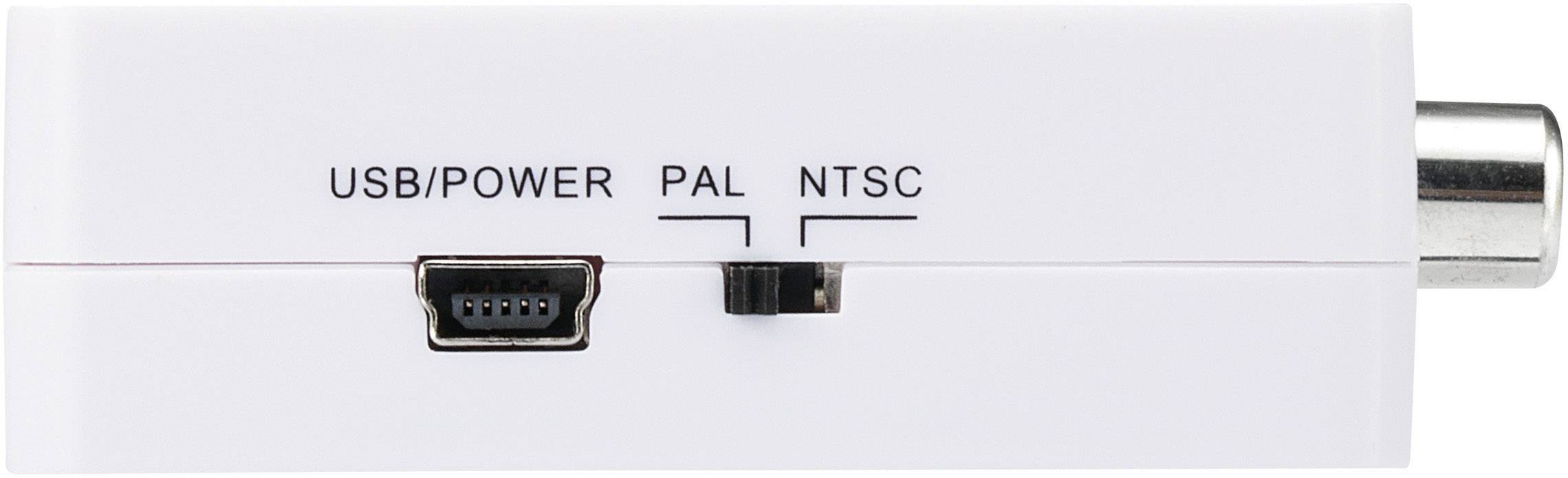 Bílá krabička s USB/napájecím konektorem a přepínačem pro výběr PAL nebo NTSC.