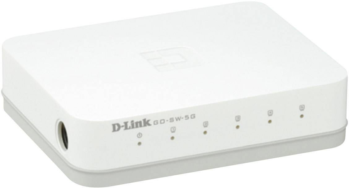 Bílý síťový switch D-Link s pěti ethernetovými porty, vhodný pro propojení několika zařízení v domácí síti.