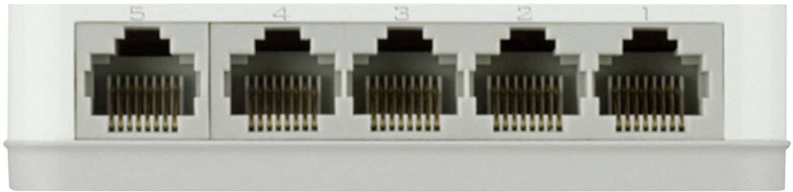 Síťový switch s pěti ethernetovými porty, číslovanými od 1 do 5.
