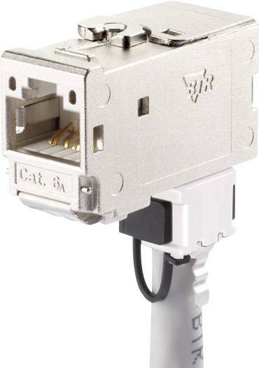 Stříbrný konektor RJ45 kategorie 6A s kabelem, vhodný pro vysokorychlostní sítě a stabilní datové připojení.