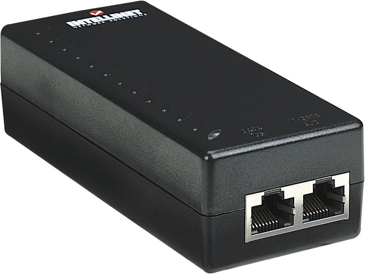 Černé síťové zařízení se dvěma ethernetovými porty, s názvem značky na horní straně. Vhodné pro PoE připojení.