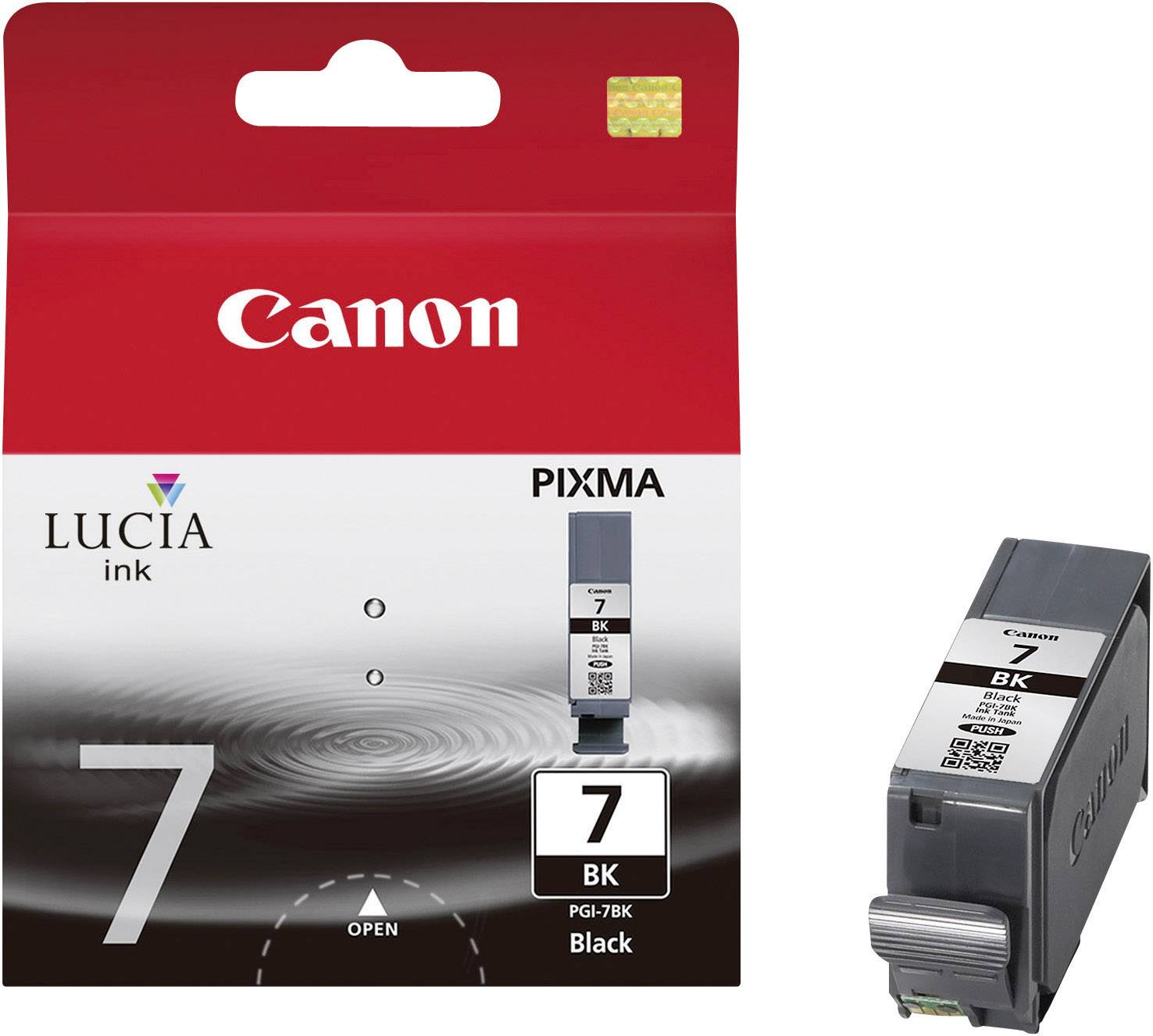 Inkoustová kazeta Canon PIXMA 7 BK v černém balení s pozadím vodních kapek, vhodná pro tiskárny LUCIA.