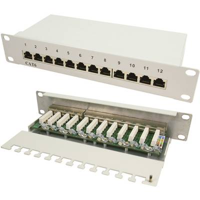 Patch panel CAT6 se 12 porty. Zobrazuje přední a zadní stranu. Přední strana má číslované konektory RJ45, zadní strana drátové přípojky.