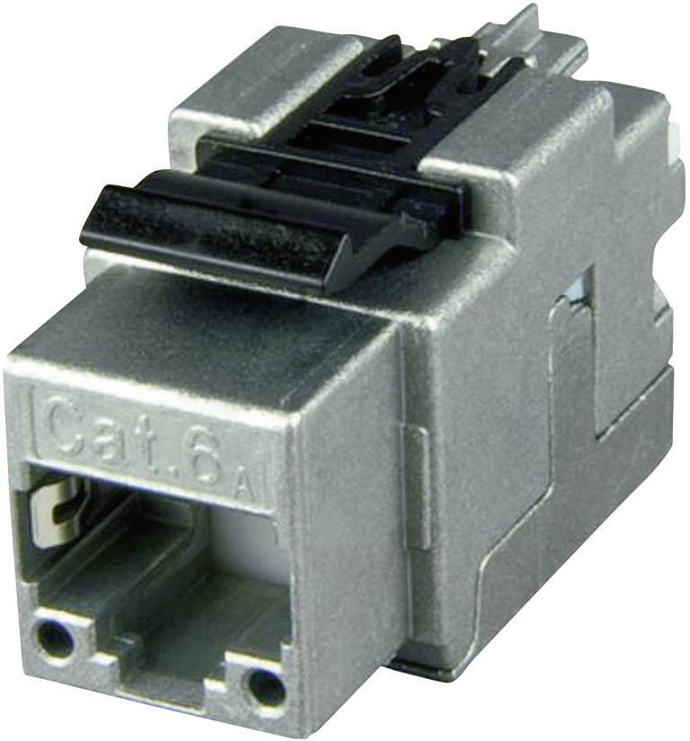Síťový konektor Cat.6A, vhodný pro ethernetové připojení, v kovovém stříbrném pouzdře, pohled zepředu.