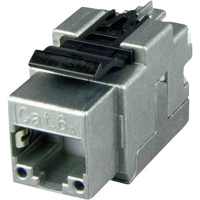 Síťový konektor Cat.6A, vhodný pro ethernetové připojení, v kovovém stříbrném pouzdře, pohled zepředu.