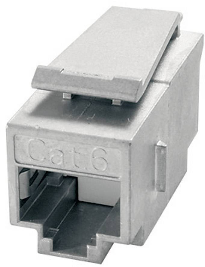Stříbrný síťový ethernetový keystone modul Cat6. Má obdélníkovitý tvar s přípojkou na přední straně.