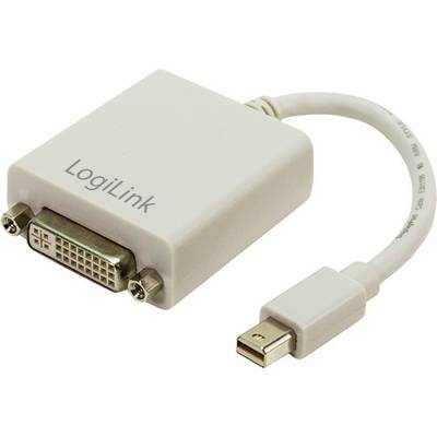 Adaptér s logem LogiLink přeměňuje Mini DisplayPort na konektor DVI. Bílý kabel umožňuje propojení počítače s monitorem.