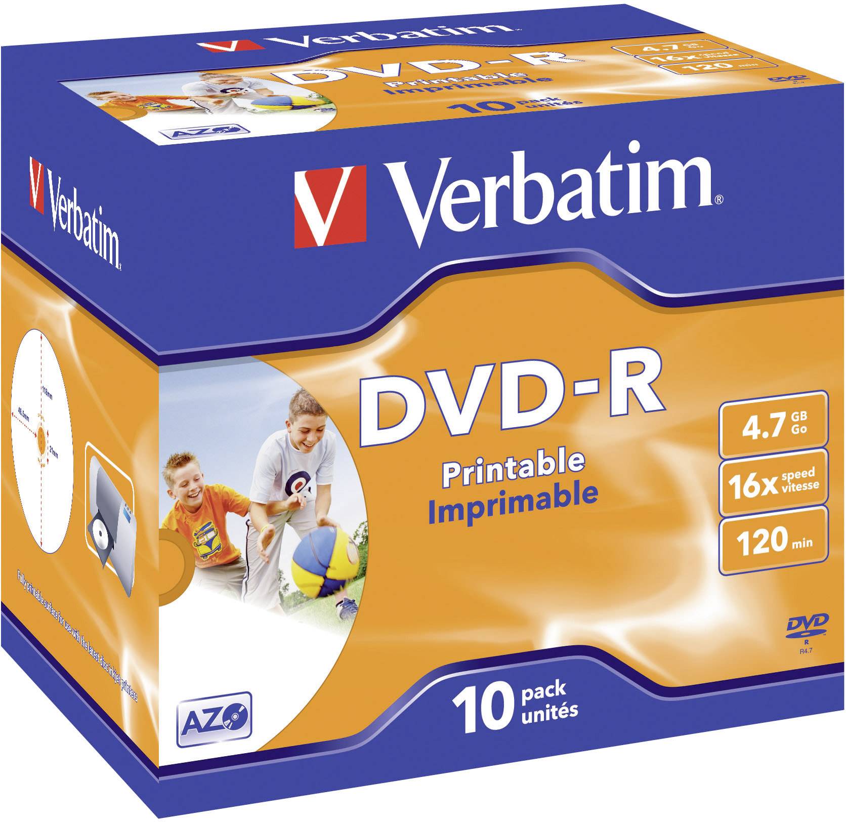 Verbatims DVD-R balení, 4,7 GB, 16x rychlost, 120 minut. Obsahuje 10 potisknutelných DVD. Modro-oranžový obal s obrázkem hrajících si dětí.