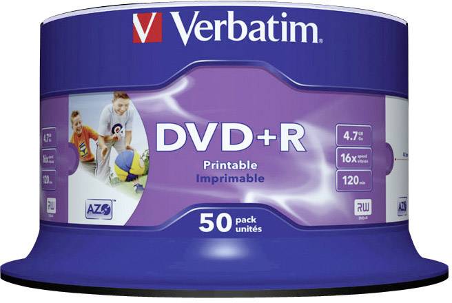 50ks balení Verbatim DVD+R disků, potisknutelné, 4,7 GB kapacita úložiště, rychlost 16x, fialový obal.