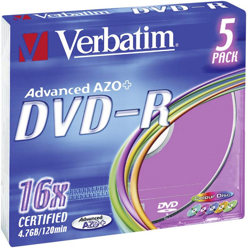 Balení DVD-R disků Verbatim s rychlostí 16x, kapacitou 4,7 GB. Obsahuje 5 disků s pestrou škálou barevného potisku.