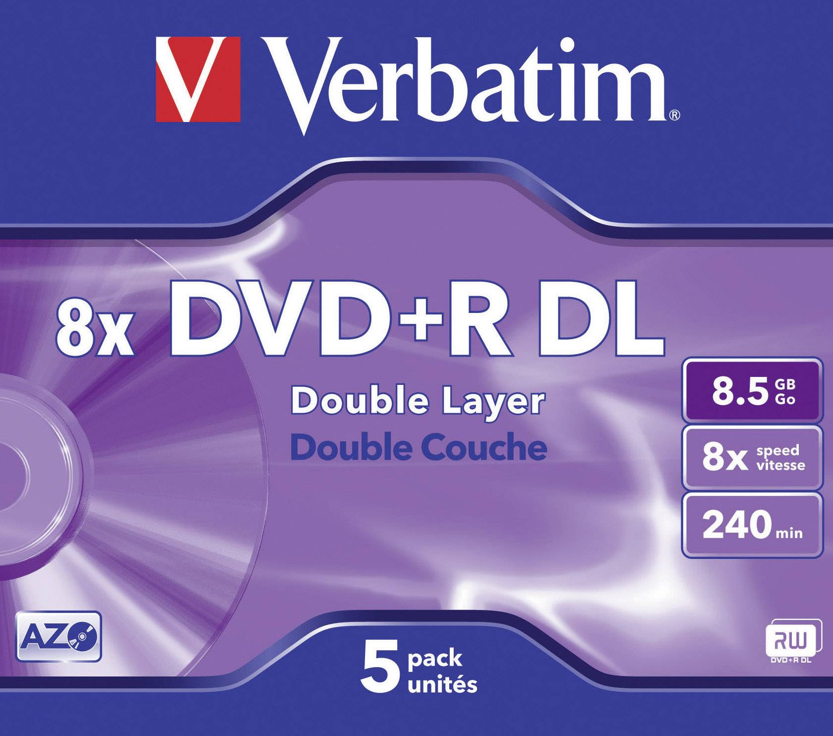 Balení Verbatim DVD+R DL, 8x rychlost, 8,5 GB kapacita, 240 minut, oboustranné.