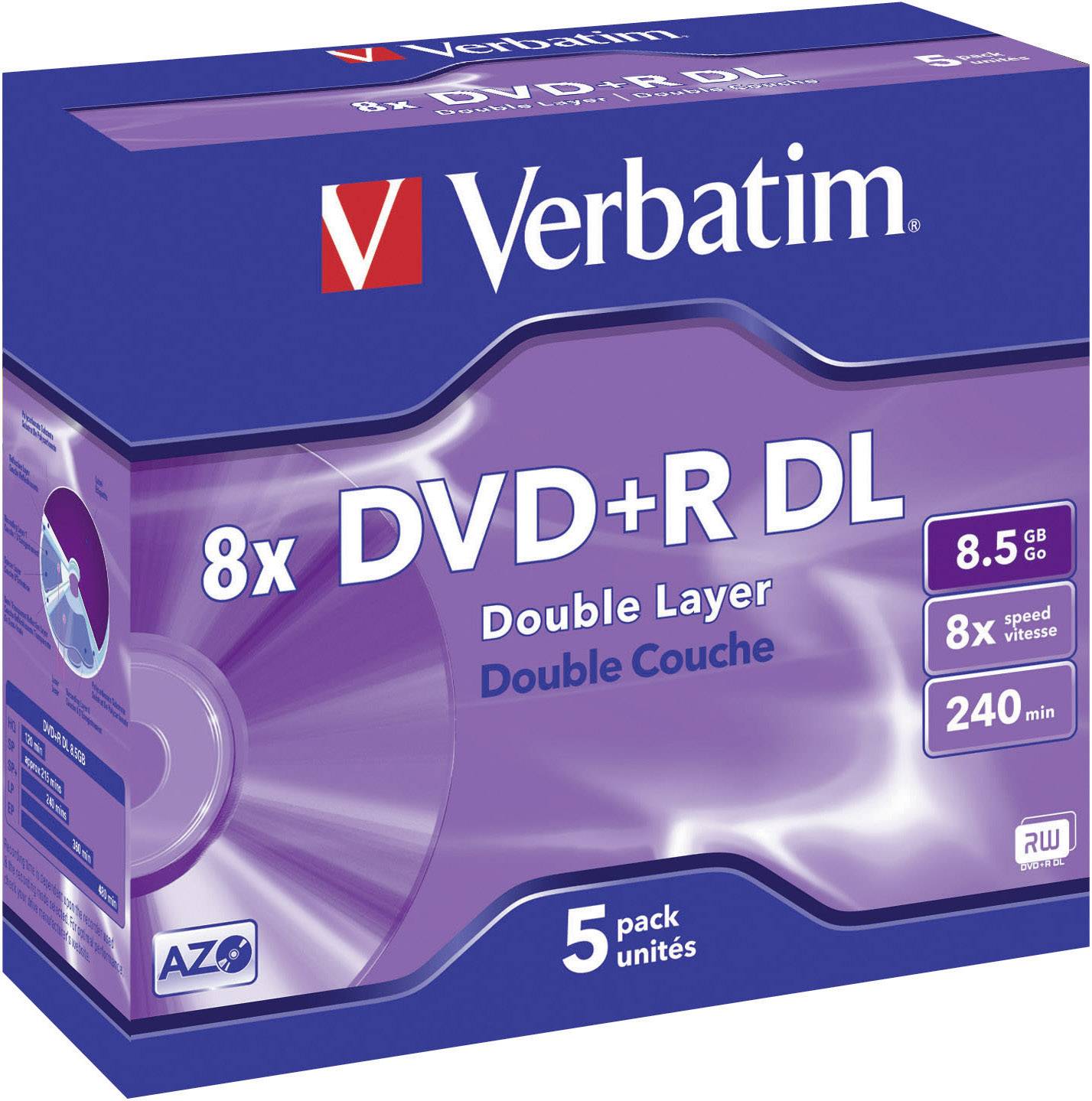 Verbatim DVD+R DL, 8x rychlost, dvouvrstvý, 8,5 GB kapacita úložiště, 240 minut, balení 5 kusů.