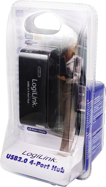 USB2.0 rozbočovač LogiLink se 4 porty v průhledném obalu. Obsahuje černé zařízení s napájecím adaptérem.