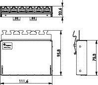 Výkres rozměrů elektrického přístroje s bočním a horním pohledem. Rozměry: 111,6 x 94,8 x 73,3 mm. Připojení nahoře.