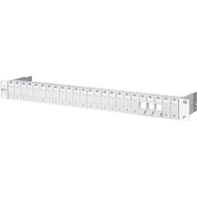 Patch panel se 24 porty, číslovaný od 1 do 24. Slouží k připojení a organizaci síťových kabelů v racku.