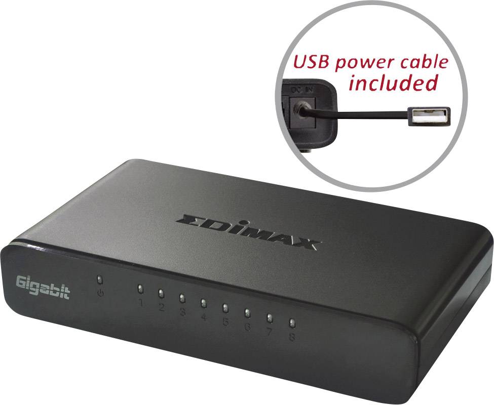Černý síťový switch Edimax Gigabit s osmi ethernetovými porty. Na obrázku je také uveden údaj 'USB napájecí kabel součástí balení'.