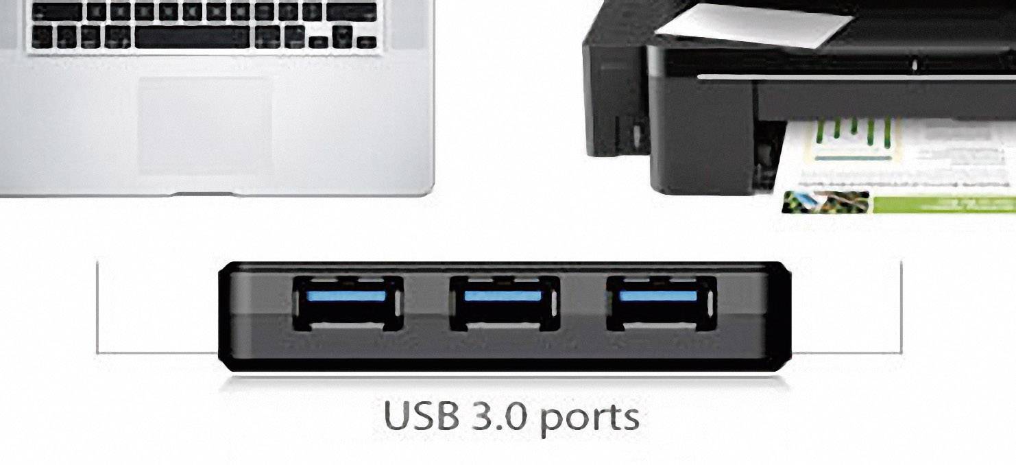 USB hub se třemi USB 3.0 porty, připojený k laptopu a tiskárně, ukazuje rozšířené možnosti připojení periferních zařízení.