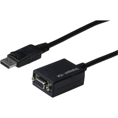 Černý kabel s konektorem DisplayPort na jedné straně a VGA portem na straně druhé. Adaptér pro připojení monitoru.