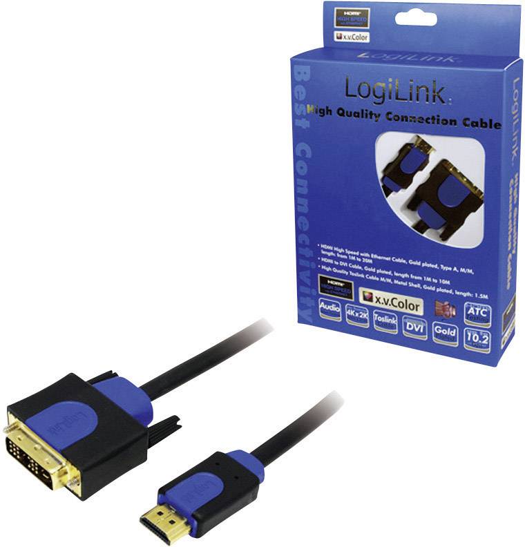HDMI na DVI kabel od společnosti LogiLink v modré krabičce. Podporuje vysoké rozlišení a přenos audio/video signálu.