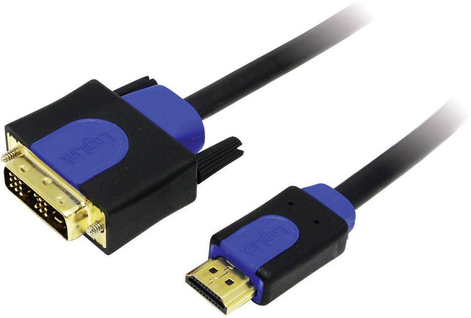 DVI-HDMI kabel skládající se z DVI konektoru vlevo a HDMI konektoru vpravo, umístěný na bílém pozadí.