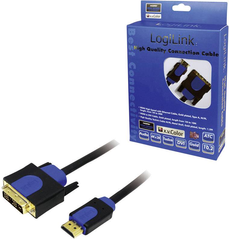 Balení a kabel od LogiLink. Kabel má rozhraní HDMI a DVI-D. Text na obalu: 'Vysoce kvalitní propojovací kabel'.