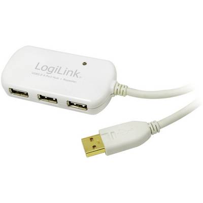 Bílý USB 2.0 čtyřportový rozbočovač od LogiLink se třemi USB porty a USB kabelem pro připojení k počítači.