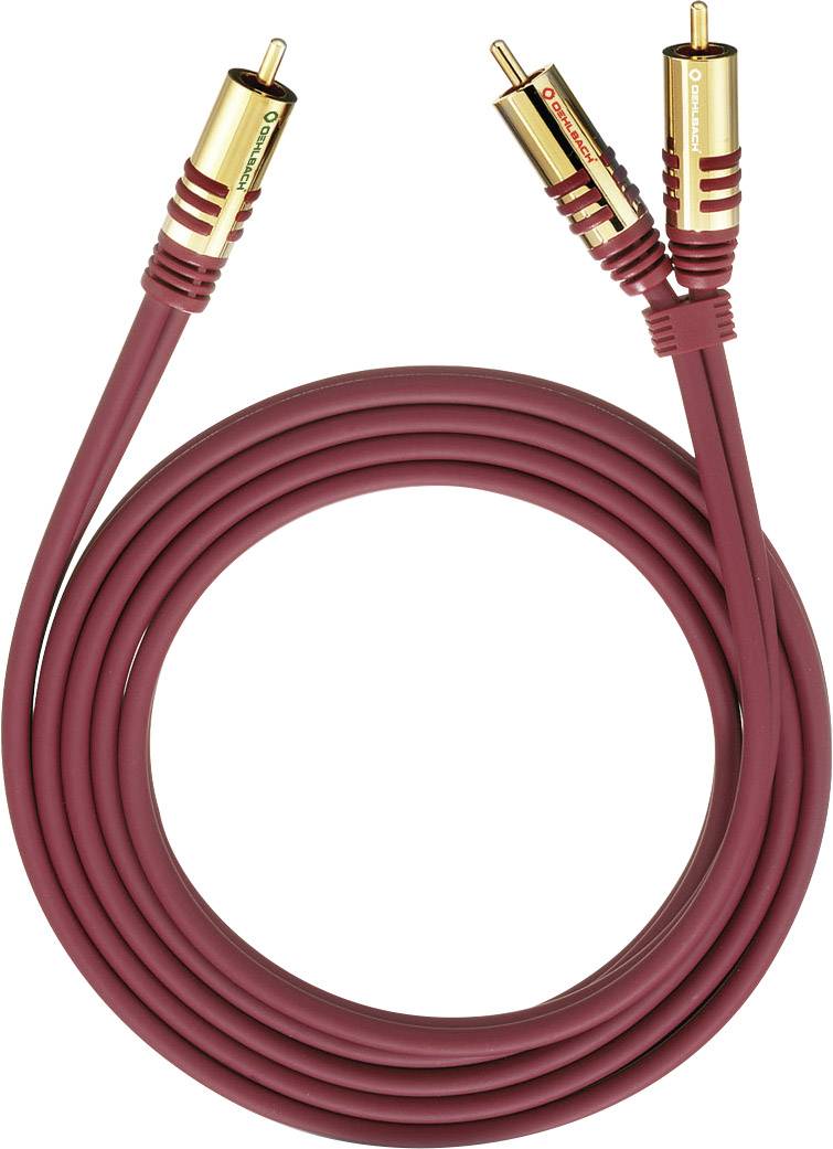 Burgundské červené audiokabel se dvěma pozlacenými cinch konektory, které se používají k propojení audio komponentů.