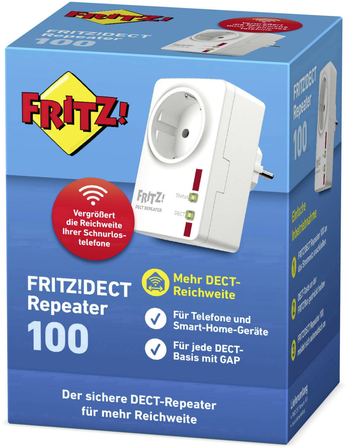 Balení FRITZ!DECT Repeater 100. Zařízení pro rozšíření dosahu DECT signálu, kompatibilní s telefony a chytrými domácími zařízeními.
