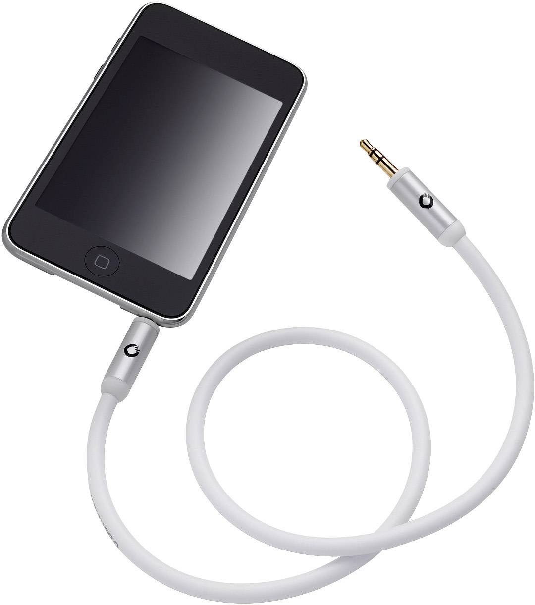 Smartphone s oblým displejem je propojeno krátkým bílým audiokabelem s konektorem.