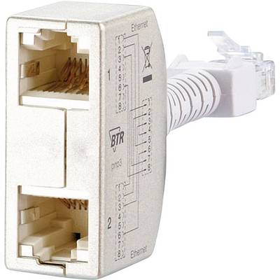 Síťový adaptér se dvěma ethernetovými porty, propojený ethernetovým kabelem. Štítky a symboly jsou viditelné na straně adaptéru.