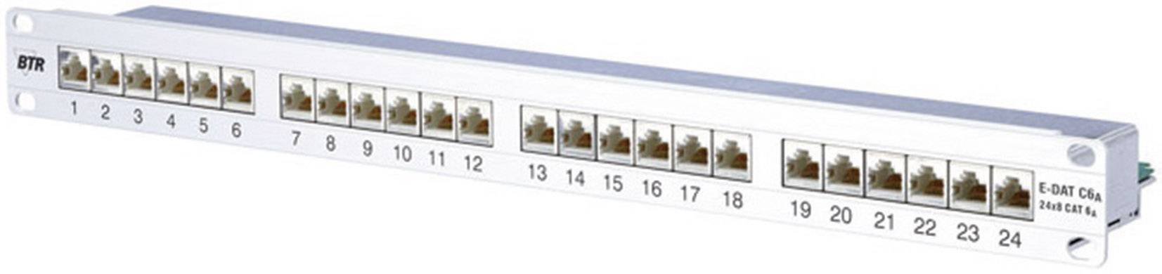 Patch panel se 24 očíslovanými ethernetovými porty. Ideální pro organizaci síťových kabelů v rozvaděči.