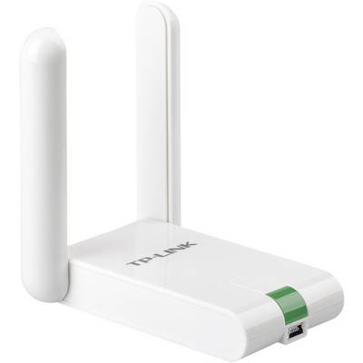Bílý adaptér TP-Link pro Wi-Fi se dvěma anténami a zeleným pruhem, který se používá pro zesílení příjmu internetu.
