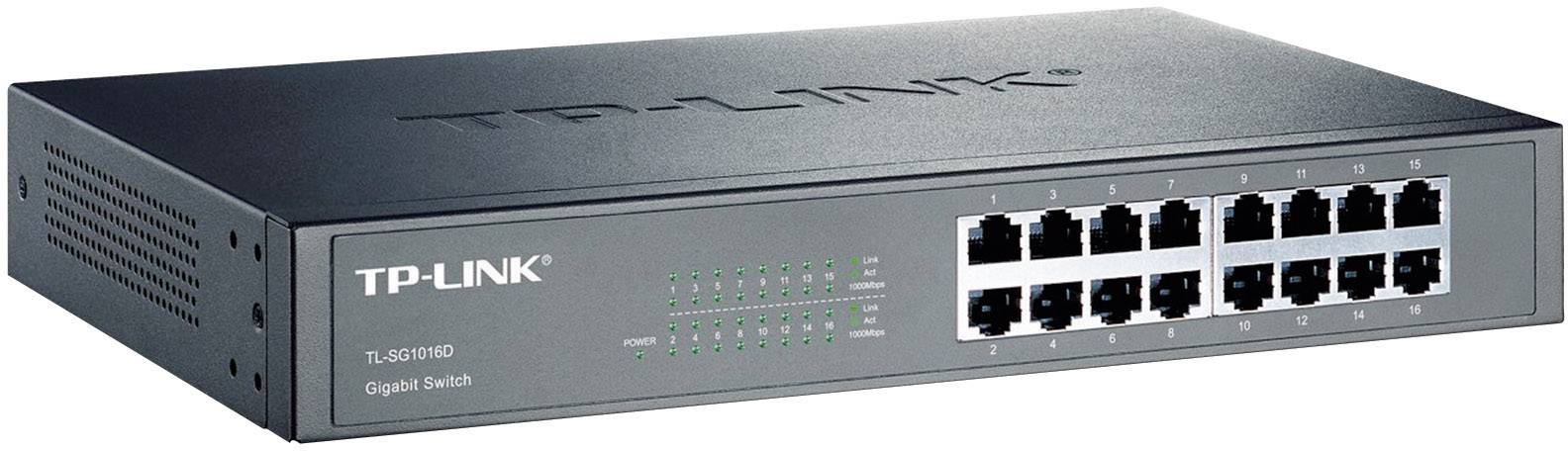 Černý TP-Link gigabitový switch se 16 ethernetovými porty na přední straně. Dvanáct LED indikátorů zobrazuje stav připojení.
