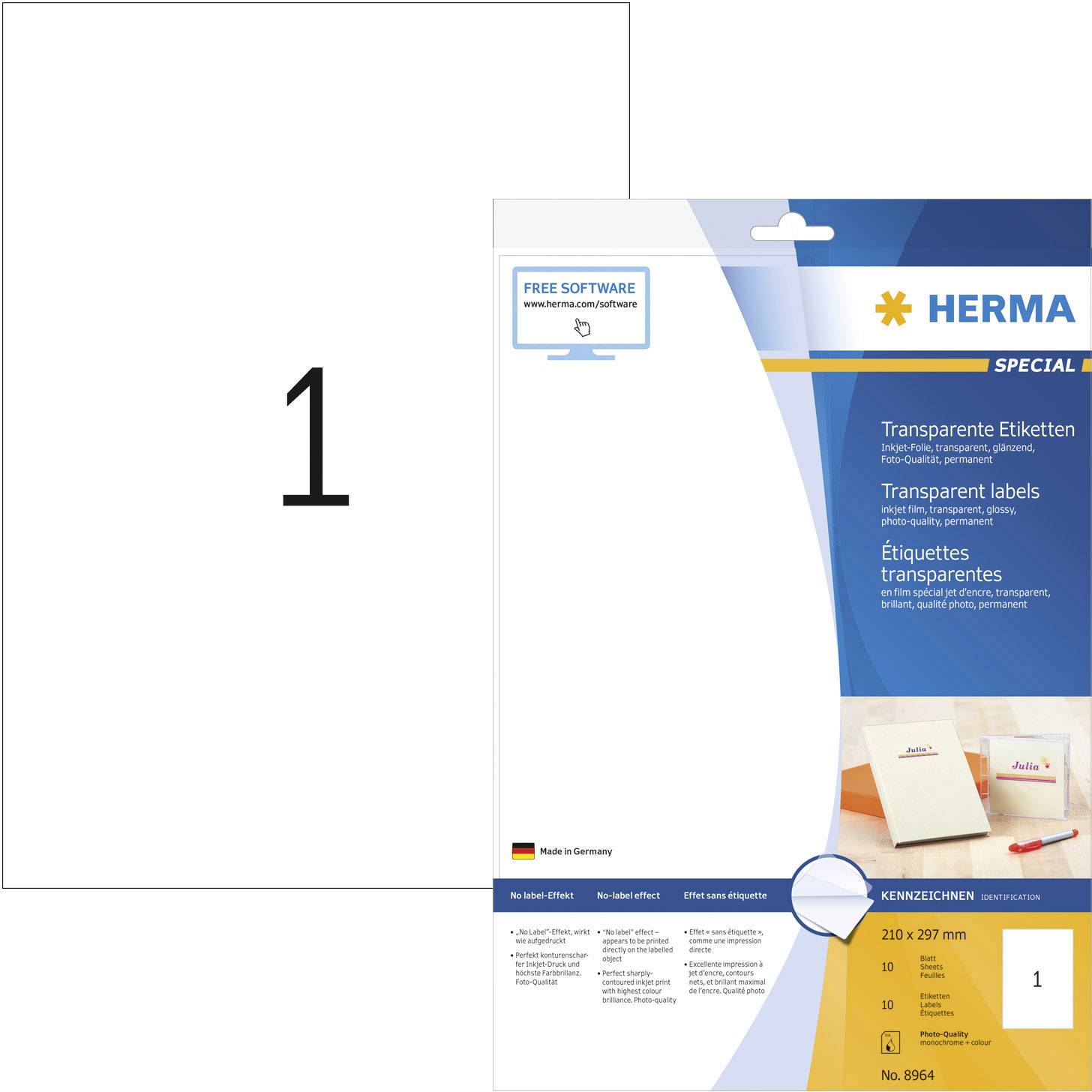 Balení průhledných etiket HERMA, formát 210 x 297 mm, označené jako 'Speciál', s obrázkem knihy a upozorněním na volný software.