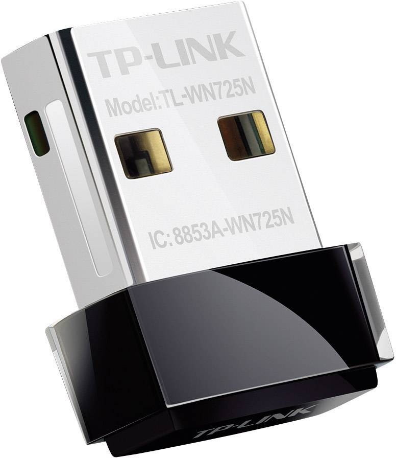 USB Wi-Fi adaptér od TP-Link, model TL-WN725N, s kompaktním designem, stříbrným povrchem a černou základnou.