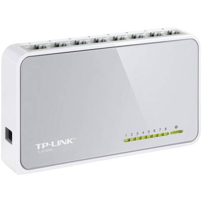Ethernetový switch TP-LINK TL-SF1008D s osmi porty, kompaktní a bílý, určený pro síťové propojení více zařízení.