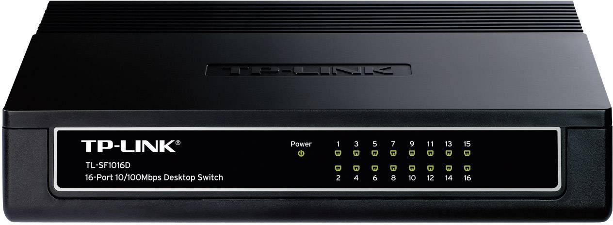 Černý stolní switch TP-Link TL-SF1016D s 16 ethernetovými porty, napájecí LED a stavovými LED indikátory na předním panelu pro zobrazení stavu připojení.