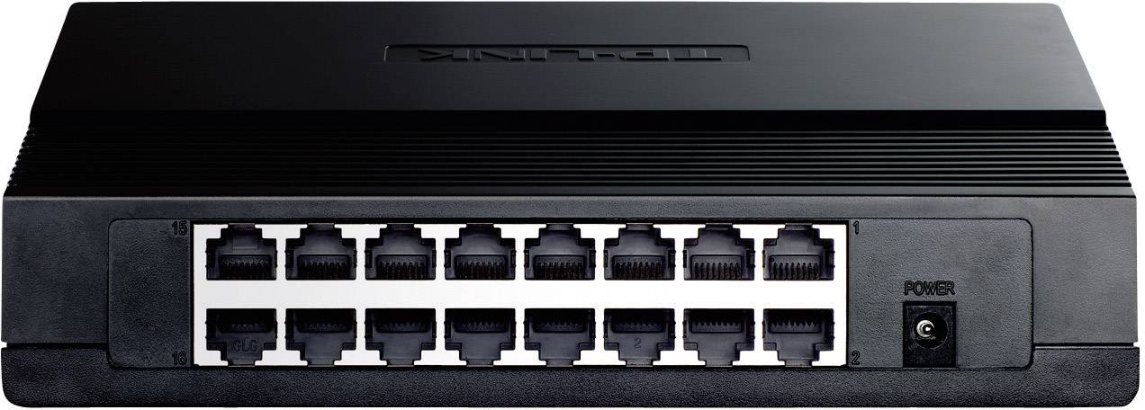 16portový ethernetový switch v černém pouzdře s připojenými síťovými porty, vhodný pro LAN připojení v kancelářích.