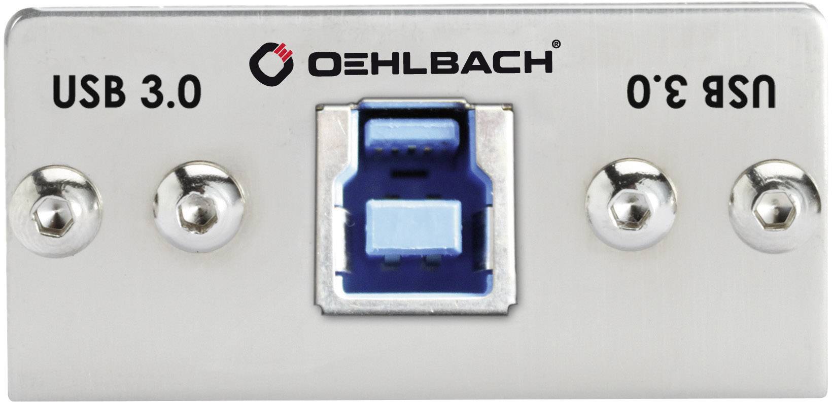 Kovová deska s modrým USB 3.0 konektorem uprostřed, nahoře označená nápisem 'Oehlbach'. Vhodná pro rychlý přenos dat.