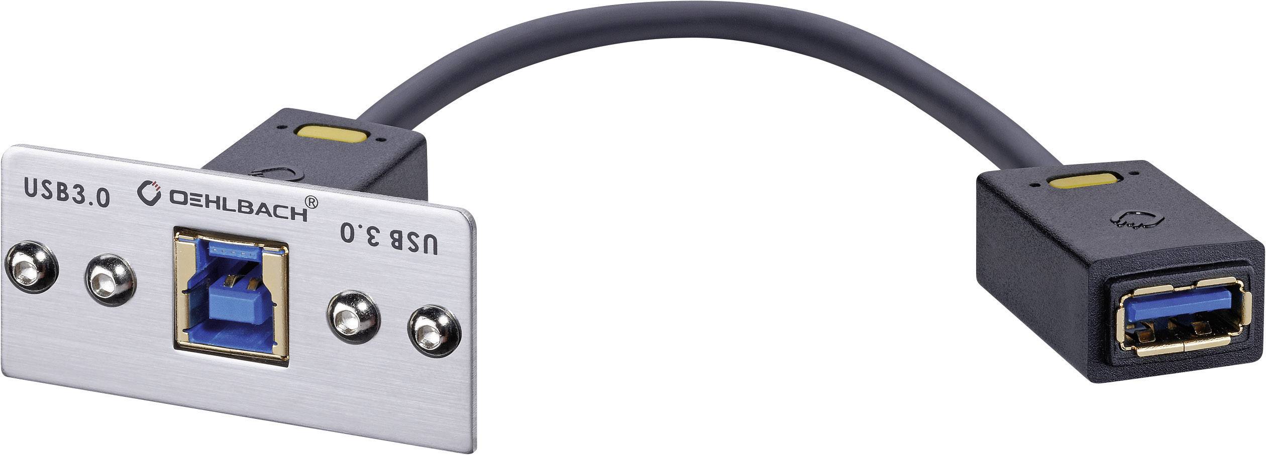 USB 3.0 prodlužovací kabel s kovovým obdélníkovým konektorem na levé straně a plastovým konektorem na straně pravé.