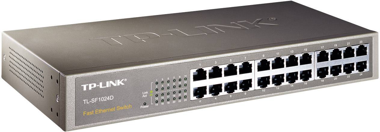 TP-Link TLSF1024D Fast Ethernet switch se 24 RJ-45 porty, vhodný pro síťové připojení v kancelářských prostorách.