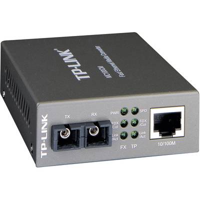 Šedočerný TP-Link mediakonvertor s optickými a ethernetovými porty vlevo, pravý ethernetový port s indikátorem rychlosti.