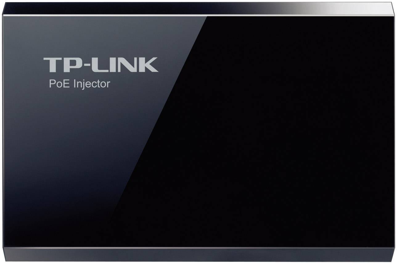 Nápis 'TP-LINK PoE Injector' na černém pouzdře. Zařízení pro napájení síťových zařízení prostřednictvím ethernetového kabelu.
