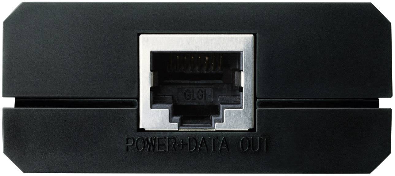 Černý Anschluss, označený štítkem 'POWER + DATA OUT', slouží k přenosu elektrické energie a dat pomocí jediného kabelu.