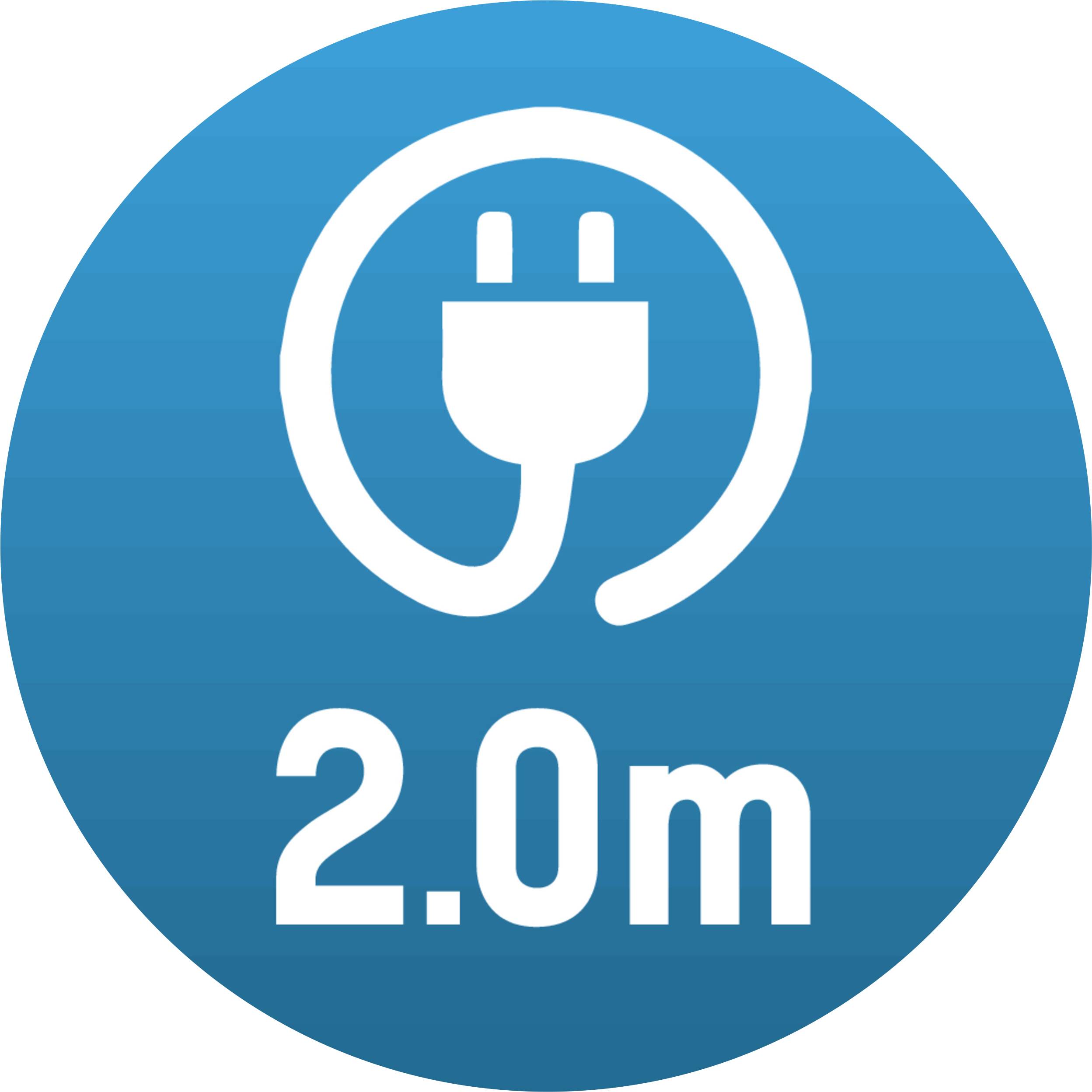 Symbol zobrazuje bílou zástrčku s nápisem '2,0 m' na modrém pozadí, což poukazuje na délku kabelu.