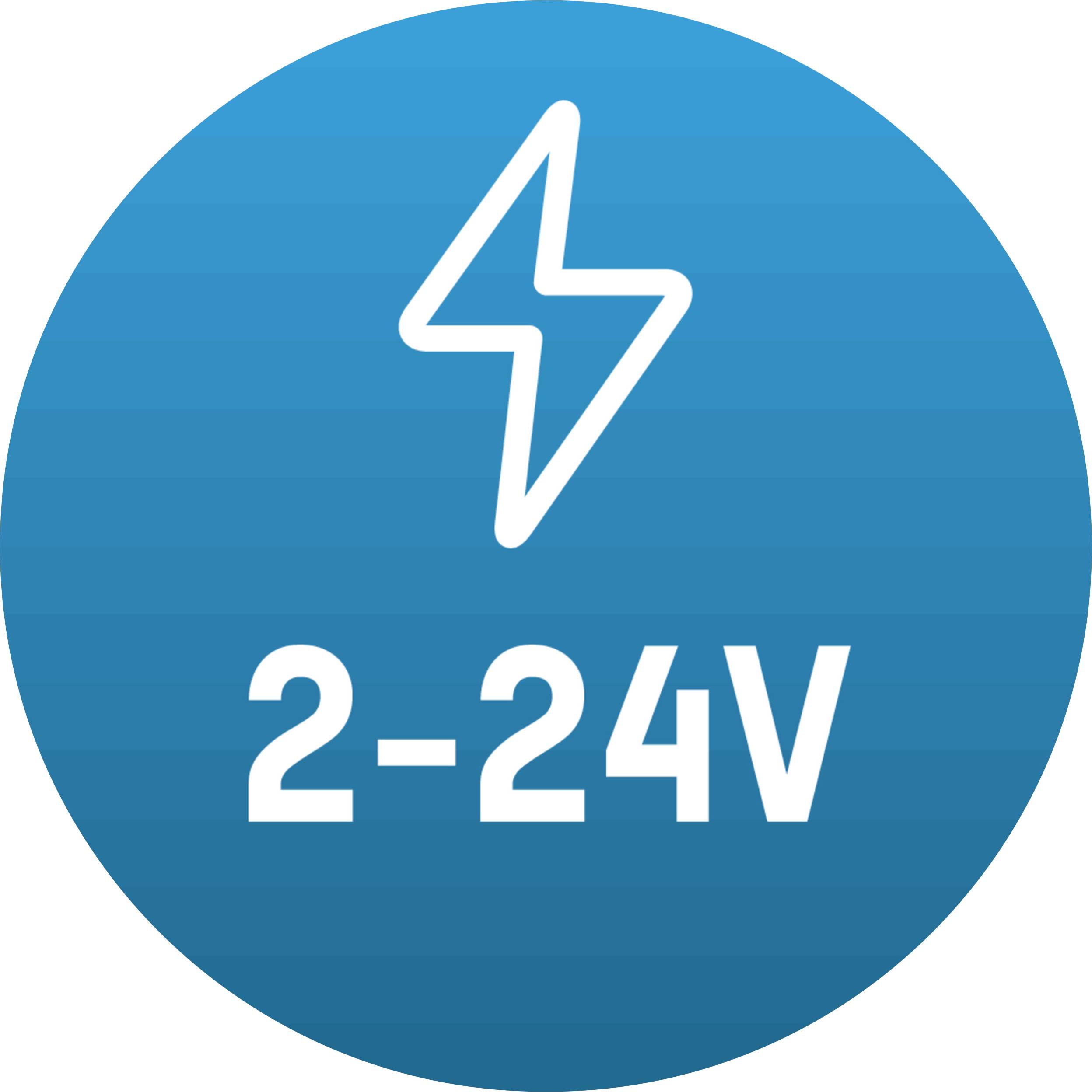 Modré symbol s bílým bleskem a nápisem '2-24V', který zobrazuje rozsah napětí.