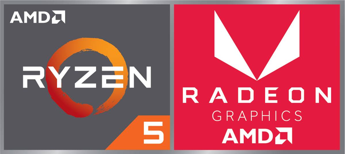 Logo značky AMD: Vlevo nápis 'Ryzen 5' s oranžovým kruhem, vpravo 'Radeon Graphics' s stylizovaným červeným symbolem.