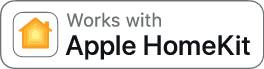 Černý obdélník s bílým textem 'Funguje s Apple HomeKit' a stylizovaným symbolem domu vlevo.